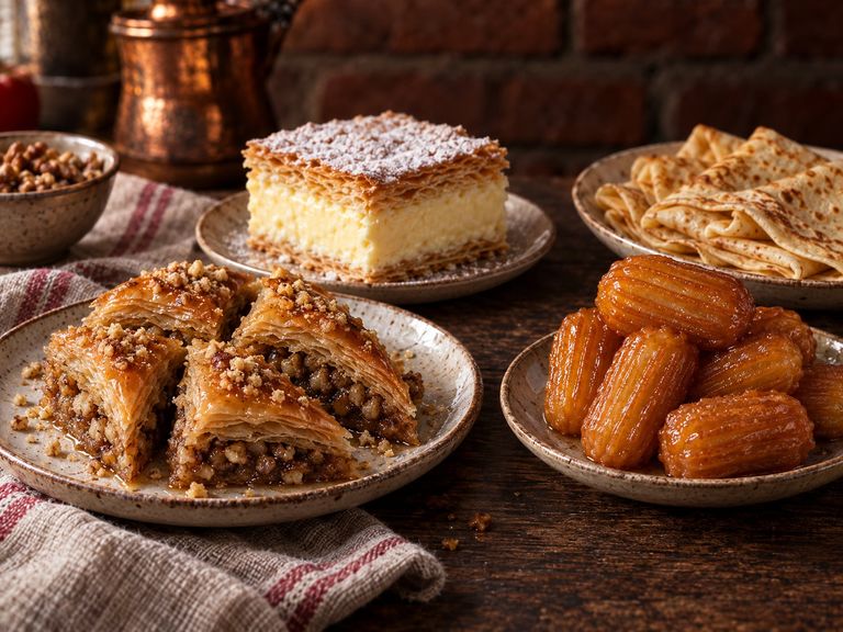 Baklava, a slice of cake, tulumba and crepes on a wooden table