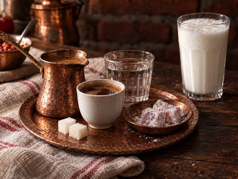 Bosnian coffee from a copper pot with sugar cubes and lokum, beside glasses of water and yogurt