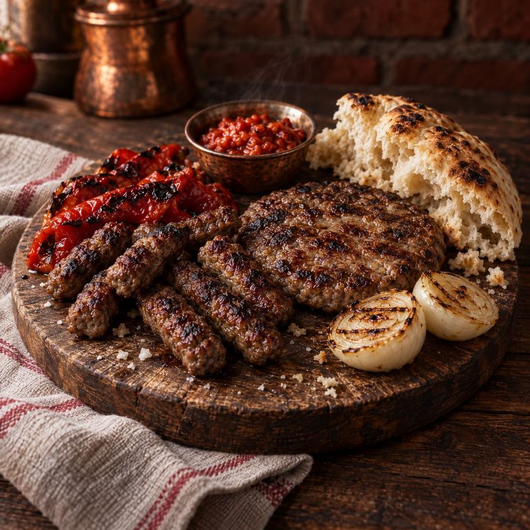 Ćevapi, pljeskavica, roasted peppers, grilled onion and somun on a wooden board
