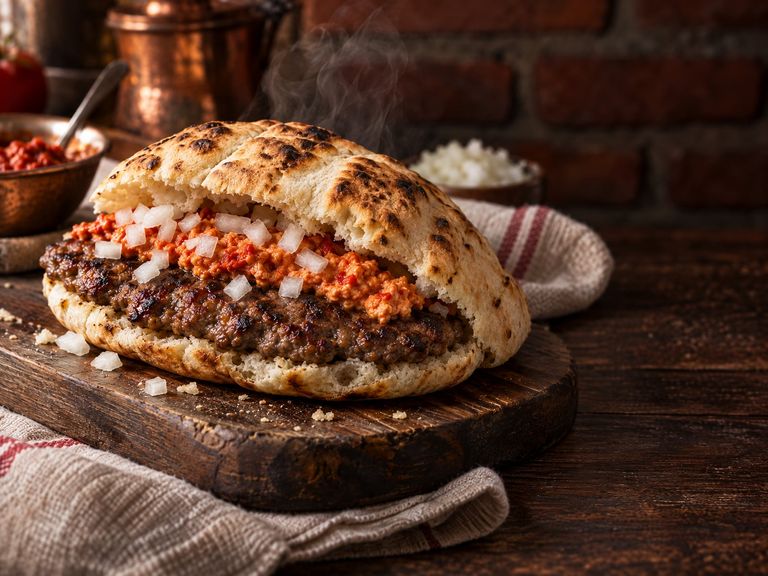 Pljeskavica in somun with ajvar and chopped onion, on a wooden board