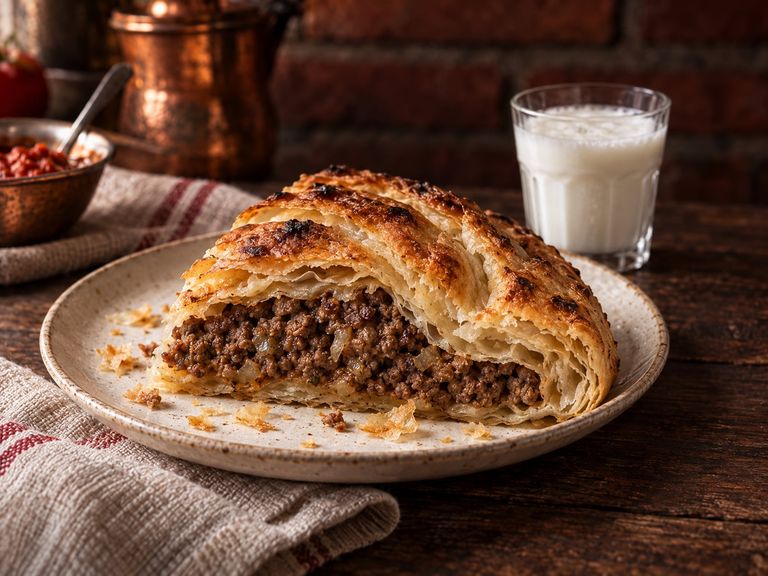 A slice of meat burek on a plate, beside a glass of yogurt