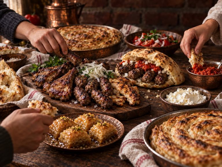 A shared table of grilled meats, ćevapi in somun, pita and side dishes