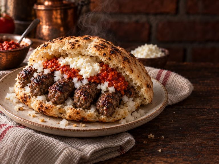Ćevapi in warm somun with ajvar and chopped onion