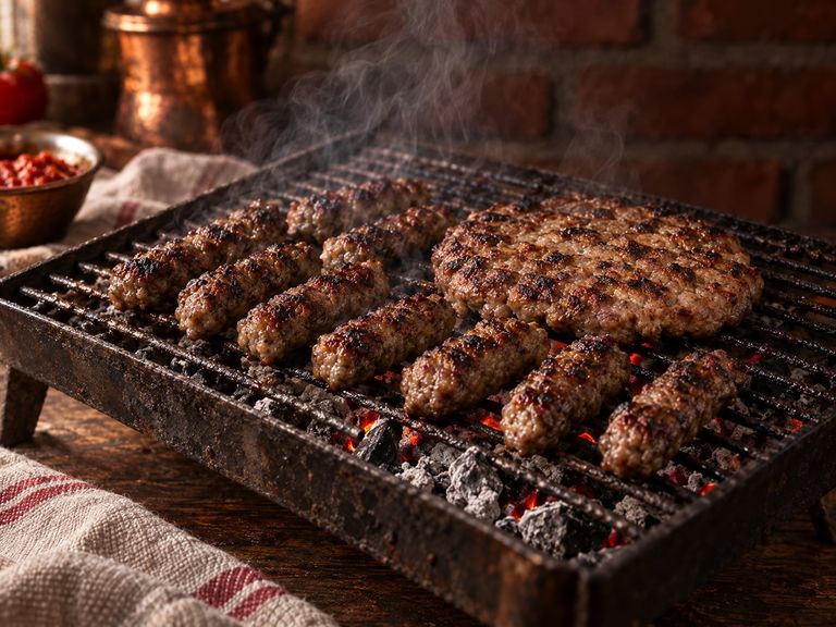 Ćevapi and pljeskavica on a charcoal grill